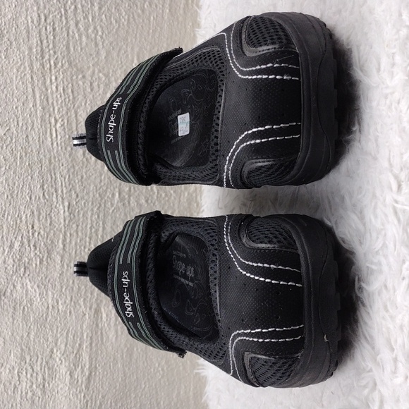 Skechers Shape-Ups Sleek Fit Black Leather Mesh Upper Mary-Jane Wedge Sneaker - Picture 2 of 16